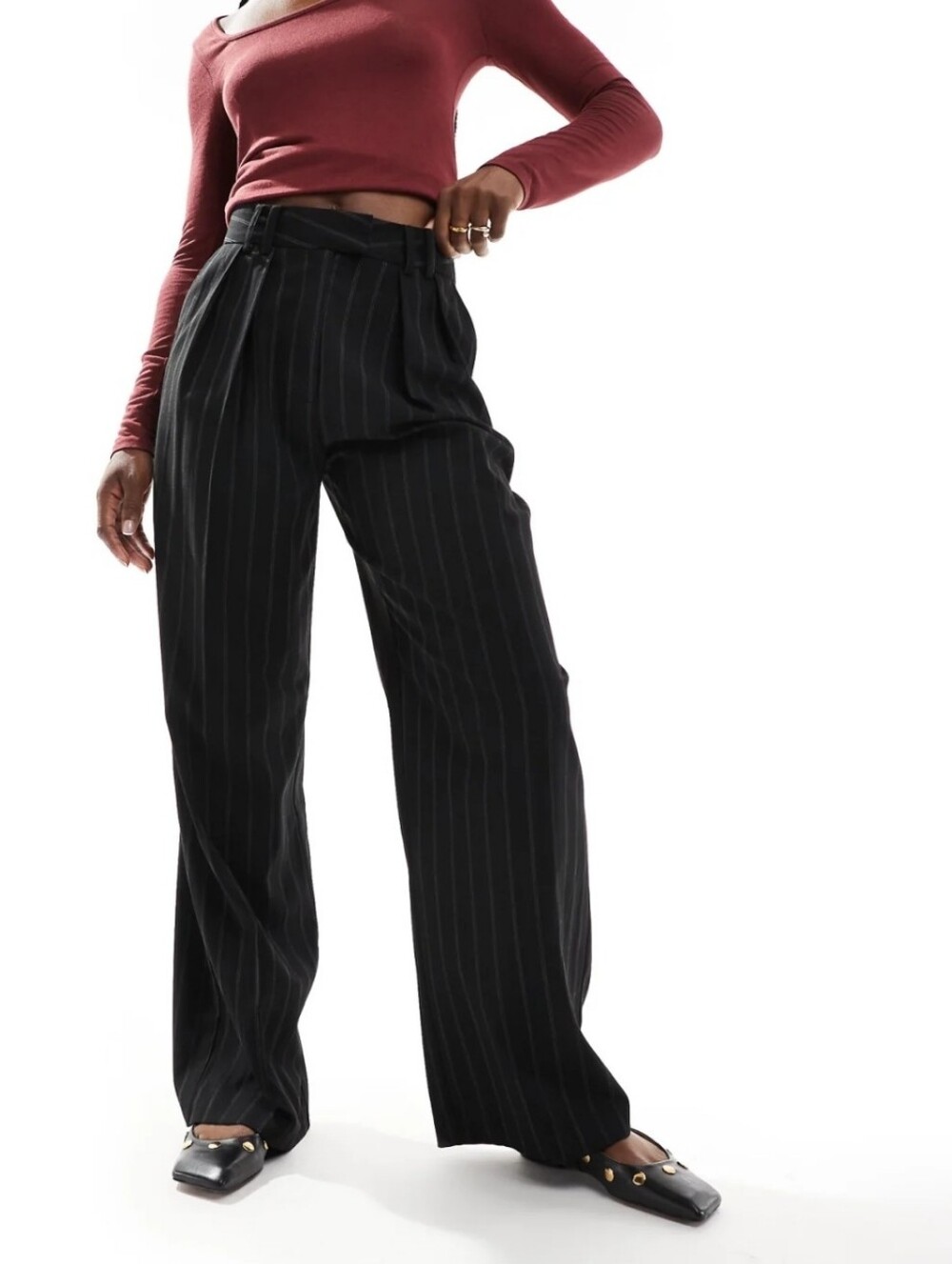 Asos Design Trousers Size 4 Black Womens High-Waist Wide Leg Pinstripe Tailored
